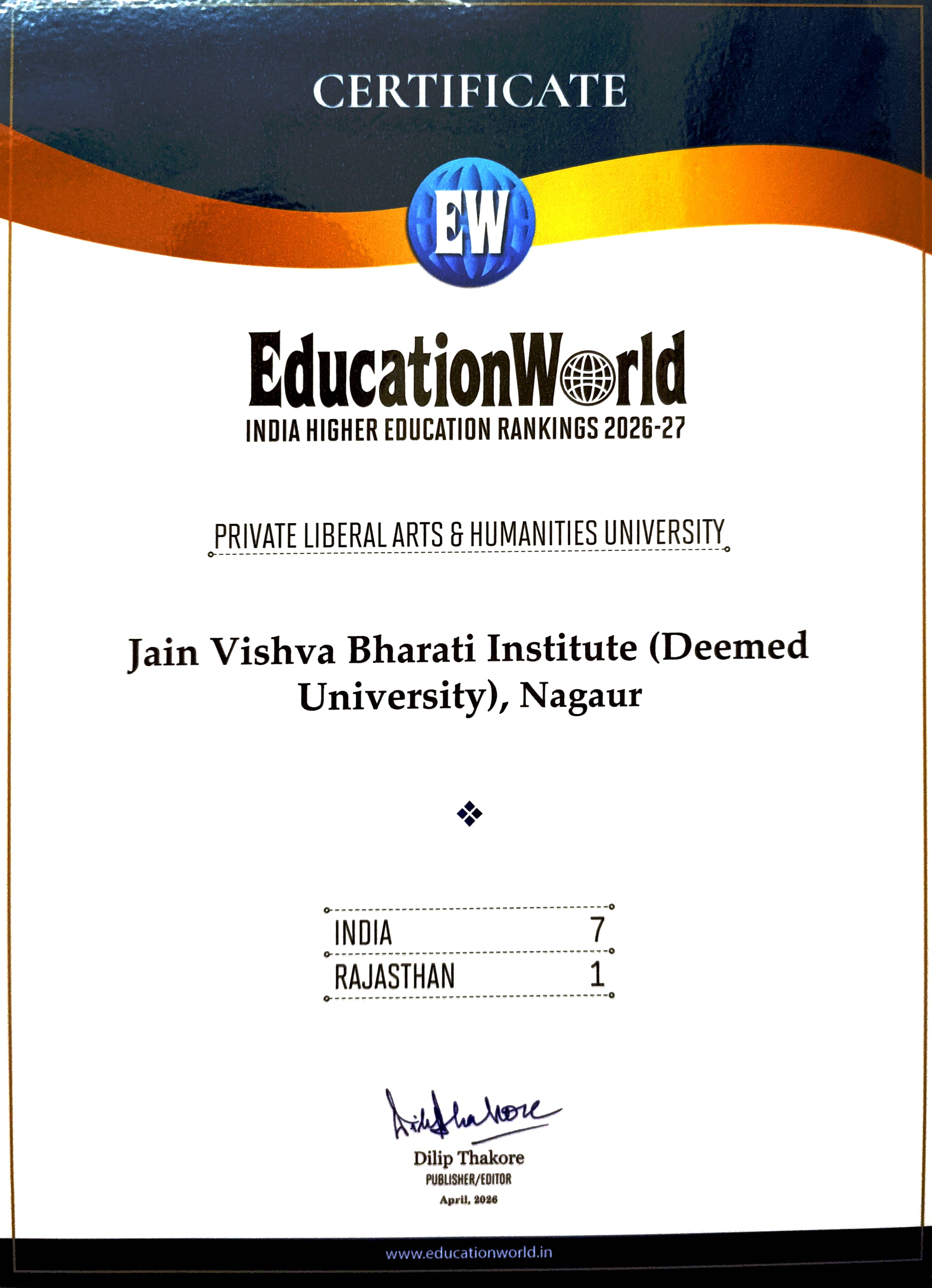 EducationWorld Rankings 2026-27 — Certificate
